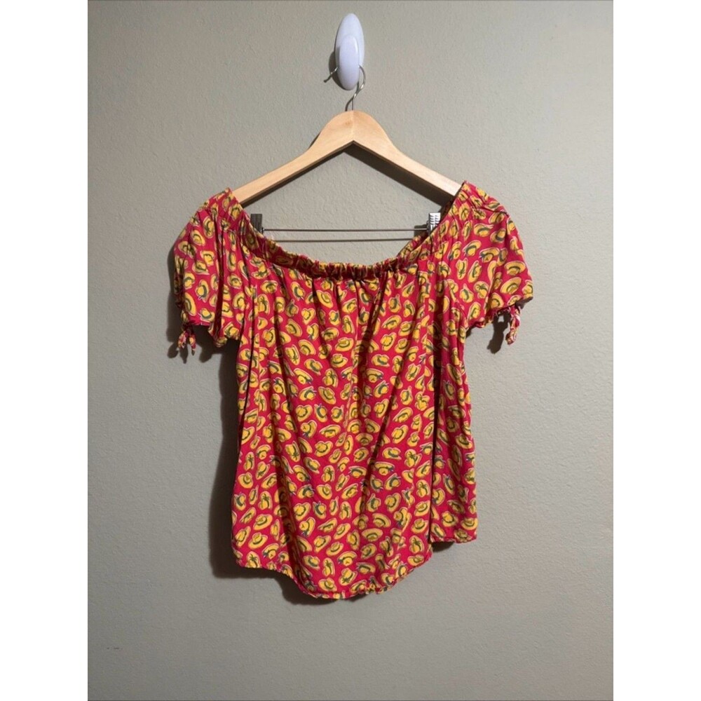 Wrangler Retro Women's Red Cowboy Hat Print Off Shoulder Blouse Western LG